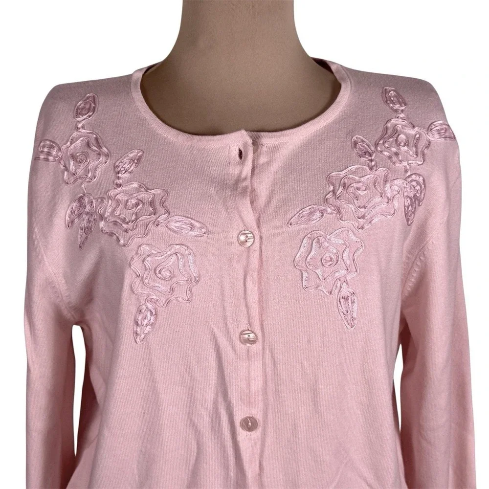 Fieldgear In Bloom Pastel Pink Floral Ribbon Appliqué Cardigan Sweater NWT L Vtg